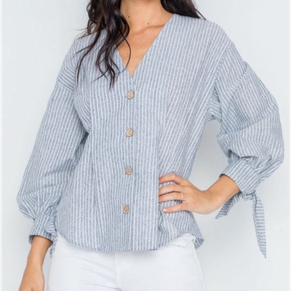 Grey Stripe Button Long Sleeve V-NeckTop - Picture 2 of 4